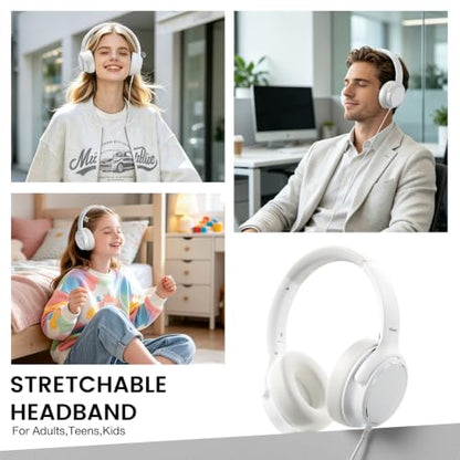 USB C Wired Over-Ear Headphones with Microphone | Volume Control, Share Port, Adjustable Headband Foldable Stereo Headset for Adult/Teens for iPhone 16, Laptop, Gaming, Travel - color: White