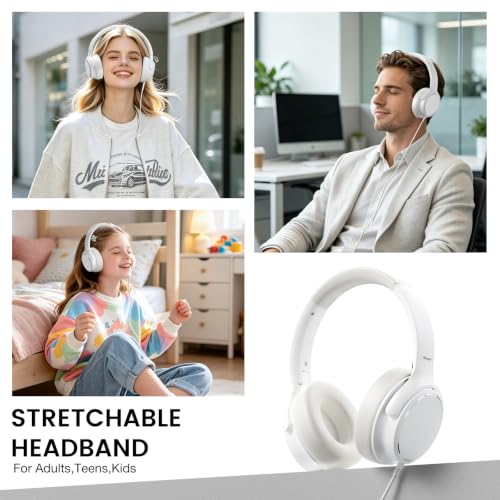 USB C Wired Over-Ear Headphones with Microphone | Volume Control, Share Port, Adjustable Headband Foldable Stereo Headset for Adult/Teens for iPhone 16, Laptop, Gaming, Travel - color: White