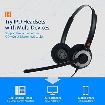 IPD IPH-165 Phone Headset with Noise Cancelling Microphone for Office and Call Center - Compatible with with All Yealink SIP,Snom, Greandsteam,& LG landline Phones | Ideal for call centers. Landline compatible with Yealink SIP, Snom, Grandstream & LG - co