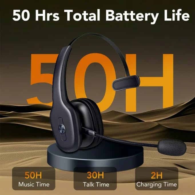 Truck Driver Bluetooth Headset with Mic, Single Ear Wireless Headset, Noise Cancelling Microphone & Mute, 50H Long Battery Life, Hands Free Headset for Trucker, Call Center, Home Office (Black)