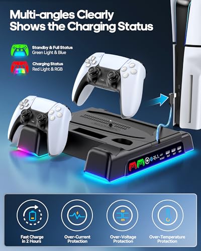 PS5/ Slim/Pro Stand for Disc & Digital Console, PS 5 Cooling Station with Dual Controller Charging Station for PlayStation 5 Console, 3-Level Fan PS5 Controller Charger Accessories Stand-Black - color: Black
