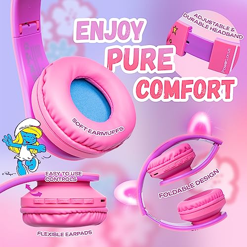 PowerLocus Bluetooth Headphones for Kids, Wireless Foldable Headphones Over Ear, Headphone with Microphone, 85/94dB Volume Limit, Wireless and Wired Headset with Micro SD, FM for Phones/Tablets/PC/TV - color: The Smurfs Collection