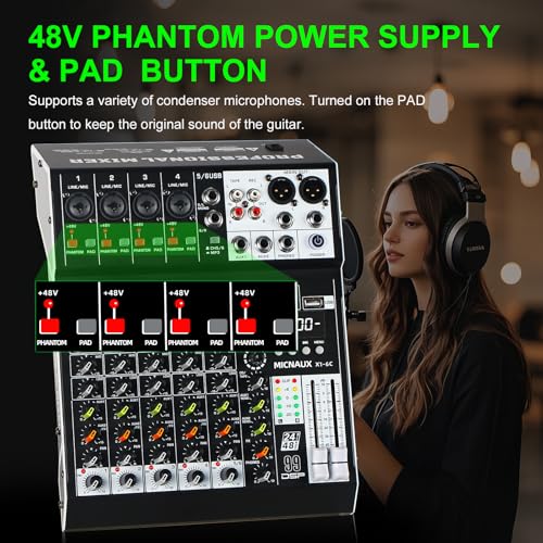 Audio Mixer 6 Channel Professional Sound Mixer Console with 99 DSP Effects, Mixing Board DJ Mixer w/USB, Bluetooth, 48V Power Supply, PAD Button for Recording Karaoke PA Drum Live Music