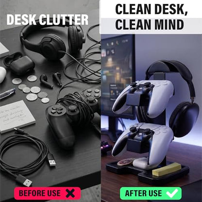 Gaming Equipment Headset Stand with Dual Controller Organizer Rack & Storage Base, Headphone Stand Gamer Gifts for Men Teenage Boy, Unique Gifts for Gamers to Organize Gaming Accessories (Black Wood)