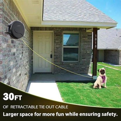 30FT Wall Mount Retractable Dog Tie Out Cable - 180° Swivel & 360° Tangle-Free Design, Perfect for Yard, Picnics & Camping Heavy Duty Steel Cable for Small to Large Dogs (TP-001)
