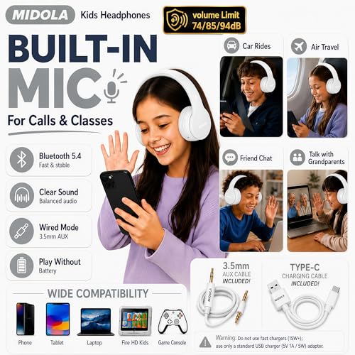 MIDOLA Kids Headphones Bluetooth 5.4 Wireless 68H Play Time Volume Limit 85/94dB Over-Ear Foldable Headset,Type-C Fast Charging, Wired Aux Mic for Toddler Child Pad Tablet White | Adjustable Headband Foldable Over-Ear Lightweight Headsets for Toddler Girl