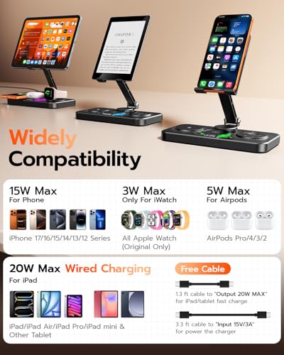 45W 6 in 1 Charging Station for Apple Multiple Devices with Clock & Light, 20W Fast Foldable Wired Charging Stand for iPad/Tab, Wireless Charger Design for MagSafe Charger for iPhone 17/iWatch/Airpods