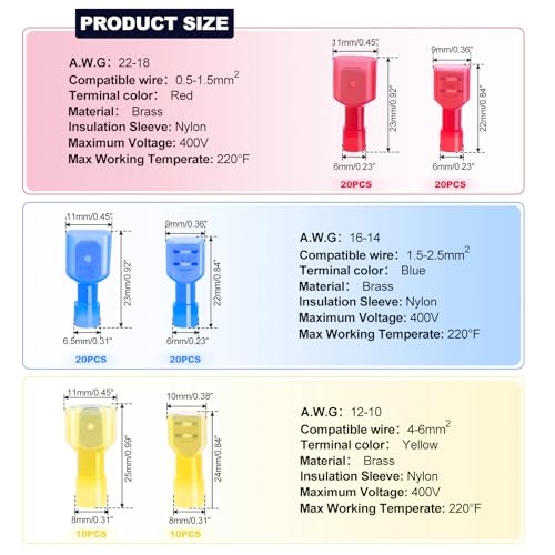 Twidec/50PCS Nylon Spade Connectors Kit 22-10 Gauge Male and Female Wire Spade Terminal Quick Disconnect Fully Insulated Wire Crimp Connector for Automotive Marine - color: Multicoloured Nylon 50PCS