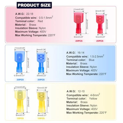 Twidec/50PCS Nylon Spade Connectors Kit 22-10 Gauge Male and Female Wire Spade Terminal Quick Disconnect Fully Insulated Wire Crimp Connector for Automotive Marine - color: Multicoloured Nylon 50PCS