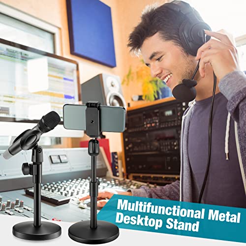Hoteam 4 Pieces 3 in 1 Desktop Microphone Stand Adjustable Table Mic Stand Multi Function Mic Stand with Microphone Clip, Cell Phone Clip, 5/8" Male to 3/8" Female Metal Adapter