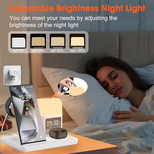 Wireless Charger for Samsung/Android Charging Station, 6 in 1 Fast Watch Charger with Alarm Clock-Night Light, Compatible for Galaxy S25 Ultra/S24, Only for Samsung Watch8/7, Galaxy Buds3 Pro(White) - color: White