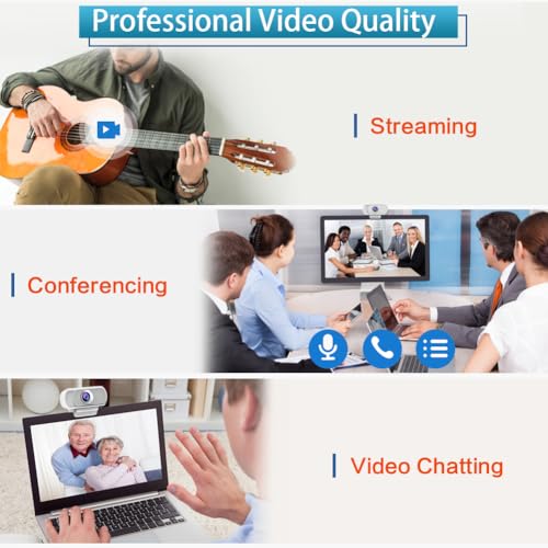 1080P Webcam with Mic Privacy Cover Tripod Stand 110 FOV PC | 1080P webcam with built-in microphone, privacy cover, tripod stand, 110 degree wide angle, USB plug and play for PC laptop - color: White