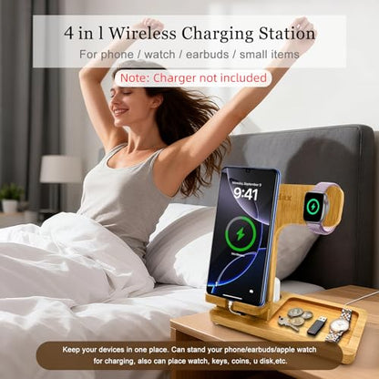 4 in 1 Bamboo Nightstand Organizer, Wood Phone Docking Station, Phone Charger Stand for iPhone 12-18 Series & Android, Desktop Organizer for iWatch & Airpods, Gifts for Men, Dad, Anniversary