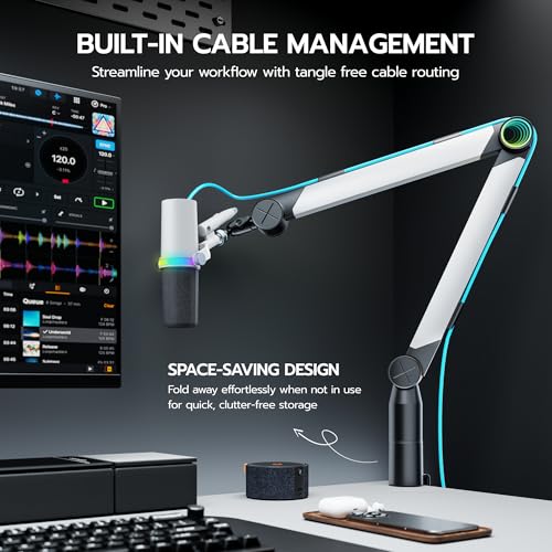 ARES WING Aluminum Microphone Boom Arm with RGB Light and Volume Control | Adjustable Mic Arm Desk Mount with 3/8” to 5/8” Screw Adapter, Suspension Scissor Mic Stand for Gaming Streaming Podcasting