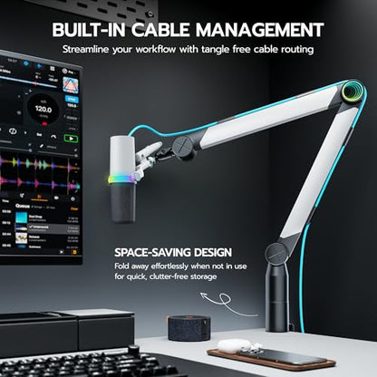 ARES WING Aluminum Microphone Boom Arm with RGB Light and Volume Control | Adjustable Mic Arm Desk Mount with 3/8” to 5/8” Screw Adapter, Suspension Scissor Mic Stand for Gaming Streaming Podcasting