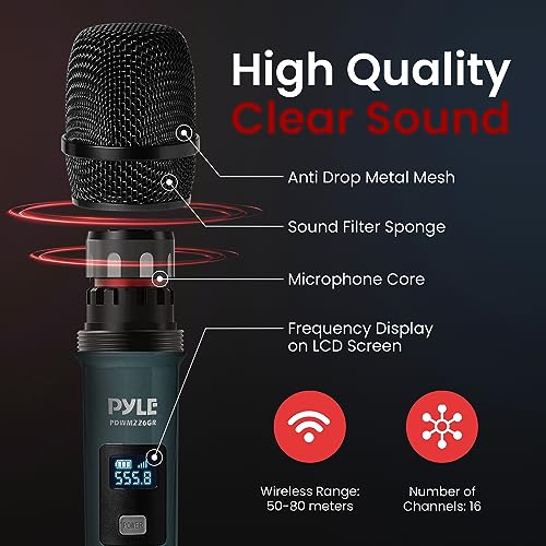 Pyle Portable UHF Band Receiver System, 4 Channel Wireless Microphone System Independent Channel Controls, RF Signal LCD Indicator, Digital Audio Microphone Set with 4 Handheld Microphones - style: 4UHF-GREEN