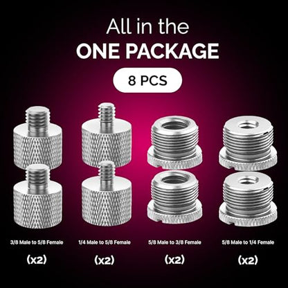 Mic Stand Adapter Set 8 pc - Metal Tripod Adapters Female-Male 5/8-3/8, 3/8-5/8, 5/8-1/4, 1/4-5/8 ADP02 Silver - color: Silver