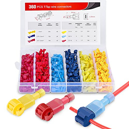 Nilight 360PCS T-Tap Wire Connectors Self-Stripping Quick Splice Terminals | Electrical Insulated Solderless for 22-18AWG 18-14AWG 12-20AWG Wires for Automotive Wiring Projects - size: 360Pcs 22-10AWG