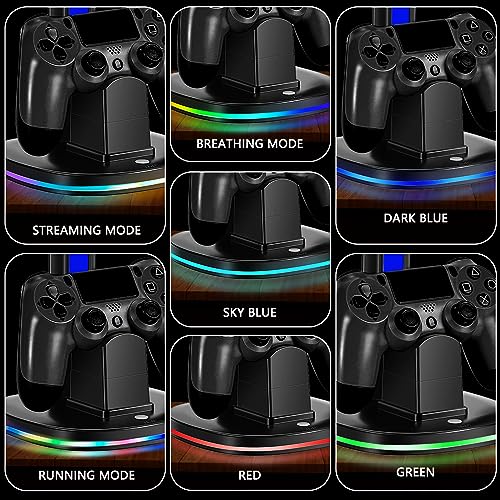 PS4 Controller Charger with RGB Headphone Stand, JDGPOKOO PS4 Controller Charger Dock Station with 2 USB Charging Ports, Headset Stand for PlayStation 4 Charging Station, Black