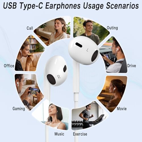 USB C Headphones Wired for iPhone 17 16 15 Pixel Galaxy | Wired USB C earphones, Plug and play, Microphone and Volume Control, Music/Call/Meeting/Jogging/Leisure/Commute