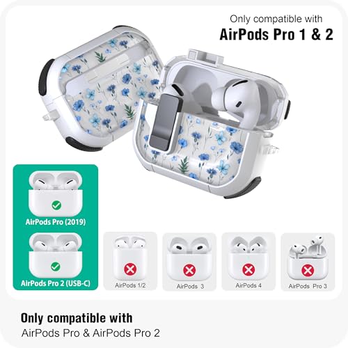 WENEW Case for AirPods Pro & Pro 2 Case Cover Secure Lock Automatic Snap Switch Clip Cleaner Kit Lanyard Women Stylish Flower Full Body Hard Shell Front LED Visible (Blue Flower, AirPods Pro & Pro 2) - color: Blue Flower, size: AirPods Pro & Pro 2