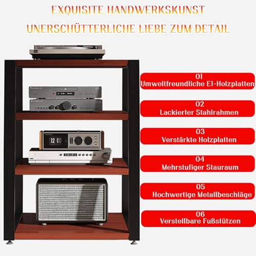 Multimedia Storage Cabinet for HiFi Rack, Wooden & Metal Audio Video Shelf, Waterproof Open Desktop Amplifier Rack with Adjustable Feet for Living Room & Bedroom Audio System(Teak,3-Schicht)