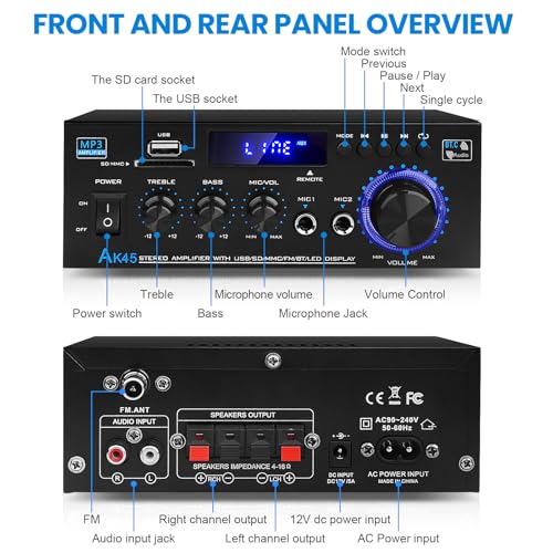 Bluetooth 5.0 Audio Amplifier Receiver AK45 HiFi Stereo Mini Power Amps | RMS 40W x 2 Max. 600W 2.0 Channel Home Theater Audio Components Speakers Amp W/MIC,USB, RCA,FM Radio - color: AK-45(2.0CH 40W+40W RMS)