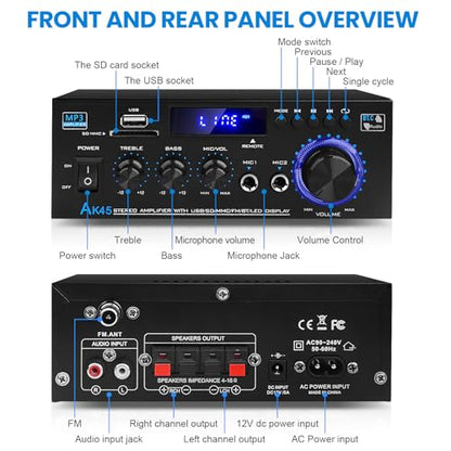 Bluetooth 5.0 Audio Amplifier Receiver AK45 HiFi Stereo Mini Power Amps | RMS 40W x 2 Max. 600W 2.0 Channel Home Theater Audio Components Speakers Amp W/MIC,USB, RCA,FM Radio - color: AK-45(2.0CH 40W+40W RMS)