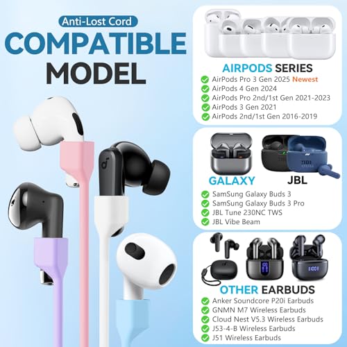 Mooyavia Ultra Strong Magnetic Anti-Lost Strap for AirPods Pro- 4 Pack | Compatible with AirPods Pro 3/2/1 & AirPods 4/3/2/1,Soft Silicone Sport Neck Lanyard,Lenth 29.9 in - color: A0- White+pink+purple+sky Blue
