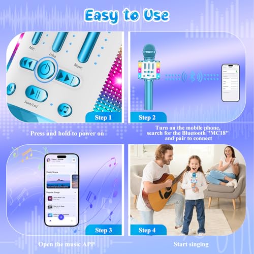 Karaoke Microphone Toys for Kids, Wireless Bluetooth Mic with Lights & Speaker, Portable Home KTV Player System, Perfect Birthday Party for 3-12 Year Old Boys & Girls - color: Blue