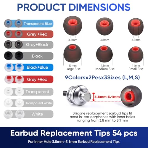 54Pcs Silicone Earbud Replacement Tips, S/M/L Ear Bud Tips, Rubber Earbud Covers Compatible with Most Earphones (Inner Hole 3.8mm-5.1mm)