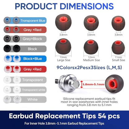54Pcs Silicone Earbud Replacement Tips, S/M/L Ear Bud Tips, Rubber Earbud Covers Compatible with Most Earphones (Inner Hole 3.8mm-5.1mm)