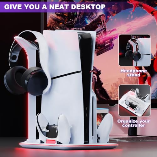 PS5 Cooling Station with Dual Controller Charger and RGB Lights | Cooling dock for PS5 Slim & PS5 Pro,dual controller charger,headset hook,7 RGB modes,not compatible with standard PS5 console