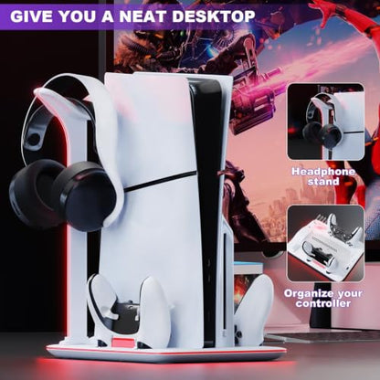 PS5 Cooling Station with Dual Controller Charger and RGB Lights | Cooling dock for PS5 Slim & PS5 Pro,dual controller charger,headset hook,7 RGB modes,not compatible with standard PS5 console
