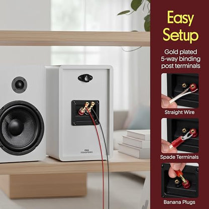 Pyle 6.5” Bookshelf Speakers - Pair of Wired Bookshelf Speakers with Wall Mount Brackets, 2-Way HiFi Home Theater with Fiberglass Cone, Soft Dome Tweeter, Compact Design, 11.7” x 7” x 6.5”, White - color: White