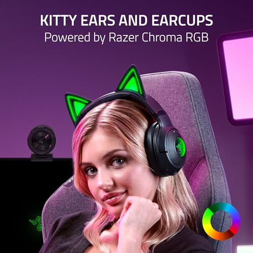 Razer Kraken Kitty V2 BT Wireless RGB Headset, Black | Chroma RGB Kitty Ears & Earcups, Bluetooth 5.2, 40 mm Drivers, Noise-cancelling Mics, Lightweight, USB-C, 40 Hr Battery - color: Black