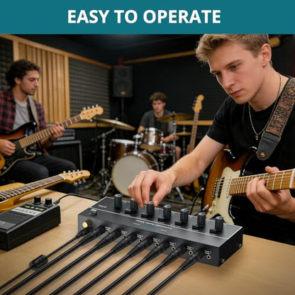 Mini Audio Mixer, 6 Channel Stereo Line Mixer 1/4" & 1/8" TSR Audio Output Input Jack, Line Mixer Stereo/Mono Independent Control and Switch for Guitars,Bass,Keyboards, Dynamic Microphone - size: Large(6-channel)