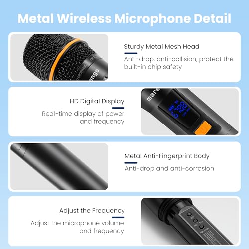 Marengo Metal Wireless Microphone,UHF Handheld Karaoke Mics,Rechargeable
