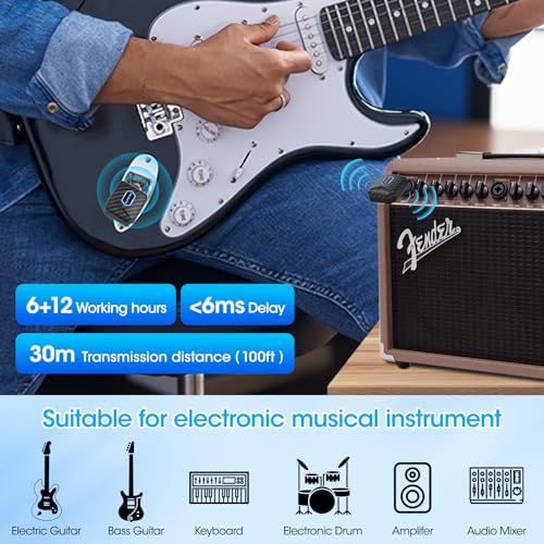 5.8Ghz Mini Wireless Guitar System with Portable Charging Case Wireless Transmitter and Receiver 4 Working Channel for Electric Guitar Digital Wind Instrument Wireless System Mini Device（Carbon Fiber） - color: Dark Grey