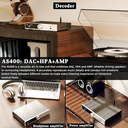 SMSL AS400 Power Amplifier DAC Headphone Amp 2.1 Channel 165W x2 MA5332MS MM Phono Amp CS43131 MQA CD DAC 6.35mm/4.4mm 768K/32Bit XMOS XU316 USB/Bluetooth 5.1/Coax/Opt/RCA/Phono/Input (Silver)