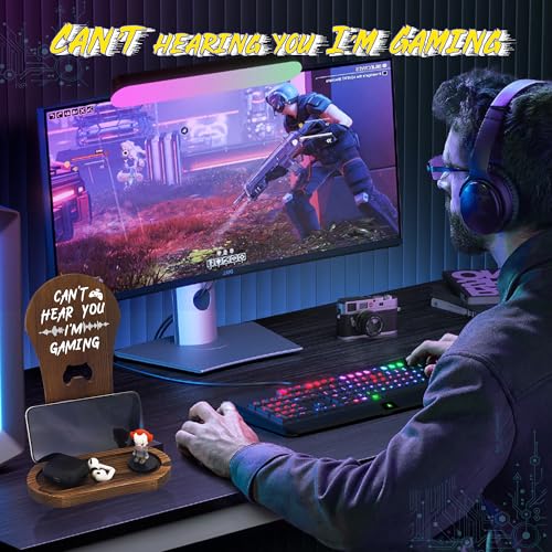 FramePro 게이머를 위한 양면 목재 헤드셋 스탠드 - 데스크탑 액세서리 물건 헤드폰, 열쇠, 링용 트레이가 있는 양면 게이밍 견적 스탠드 - 독특한 게이머 선물