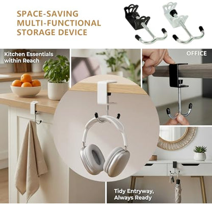 4 Pack Adjustable Under Desk Hooks, Universal Bag Hanger Fits Most Table Thickness, 100LB Capacity Heavy-Duty Dual Hook for Purse, Backpack, Office Home - color: Black & White