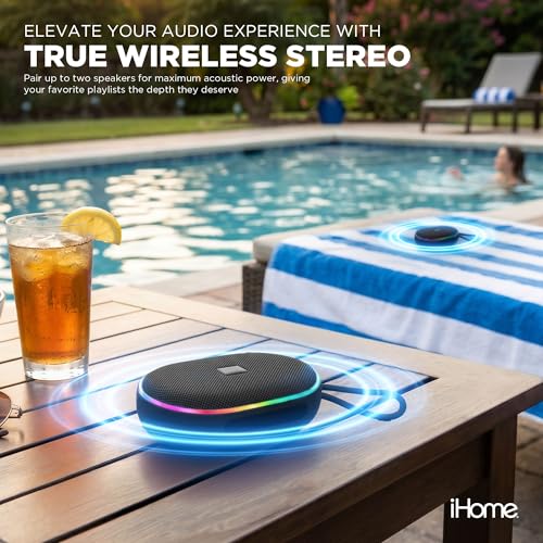 iHome Venture Wireless Portable Bluetooth Speaker with RGB Lights | Water Resistant, Built-in Carry Strap, TWS Pairing, Color-Changing LEDs, Rechargeable Battery, Cable Included, Bluetooth 5.3 - color: Black