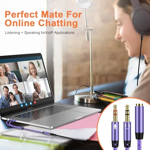 ABCPOW Headphone Mic Splitter for Computer PC Laptop, 3.5mm Female to 2 Dual Male Microphone Y Splitter Cord Aux Splitter 1 in 2 Out Audio Stereo Jack Earphones Port Cord Gaming Headset Adapter