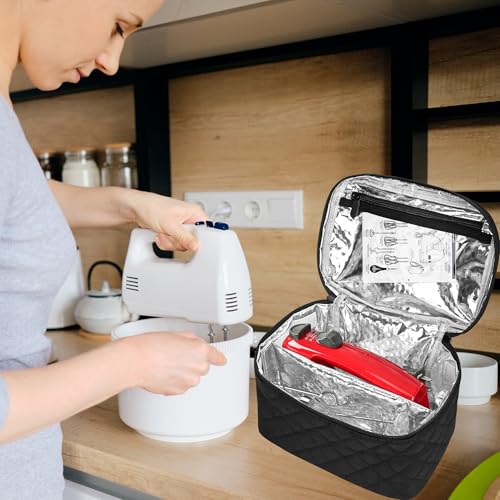 Hand Mixer Carrying Bag for KitchenAid 5/6/7/9 Speed Mixers | Quilted Storage Case with Aluminum Lining, Clear PVC Pocket and Top Handle for Hand Mixer, Beaters and Attachments, Black
