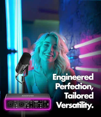 Movo Podcast Equipment Bundle - Phantom USB Audio Interface, 2 UM6 XLR/USB-C Dynamic Microphones, and 2 Tabletop Stands - Dual Microphone Setup for Professional Podcasting and Streaming - style: with 2 Microphones and Desk Stands