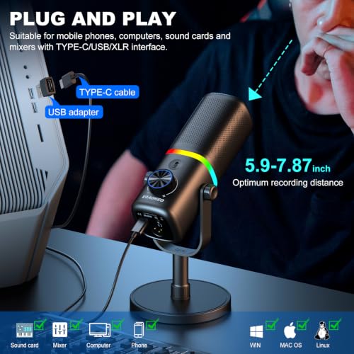 Aokeo Microphone for PC, AK-10 USB/XLR Dynamic Desktop Microphone for Gaming,Podcast,Streaming with RGB Light,Volume Control,Mute Button,Noise Reduction - color: Black