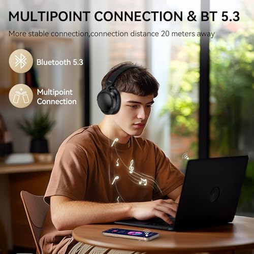 TECKNET Noise Cancelling Headphones Wireless & Wired, 70H Playtime Bluetooth Headphones Wireless Over Ear Built-in Mic,3.5mm Cable Dual Connection Foldable Headset for Home Office Travel, Light Black