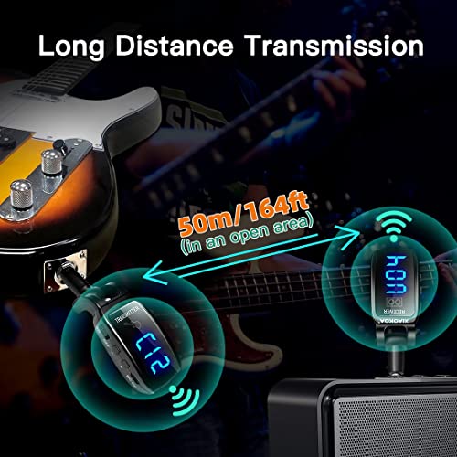 Wireless Guitar System, UHF 15 Channels Rechargeable Transmitter Receiver | 164ft Range, with LED Screen, Audio Transmission Systems for Bass, Ideal for Musical Instruments Instruction and Performance - color: U12DX-BK