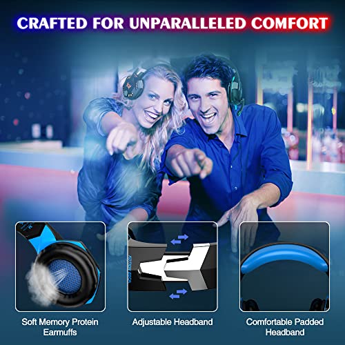 VersionTECH. G2000 Gaming Headset, Bass Surround Gaming Headphones with Noise Cancelling Mic, LED Lights, Soft Memory Earmuffs for PS5/ PS4/ Xbox One Controller/Laptop/PC/Mac/Nintendo NES Games-Blue - color: Blue